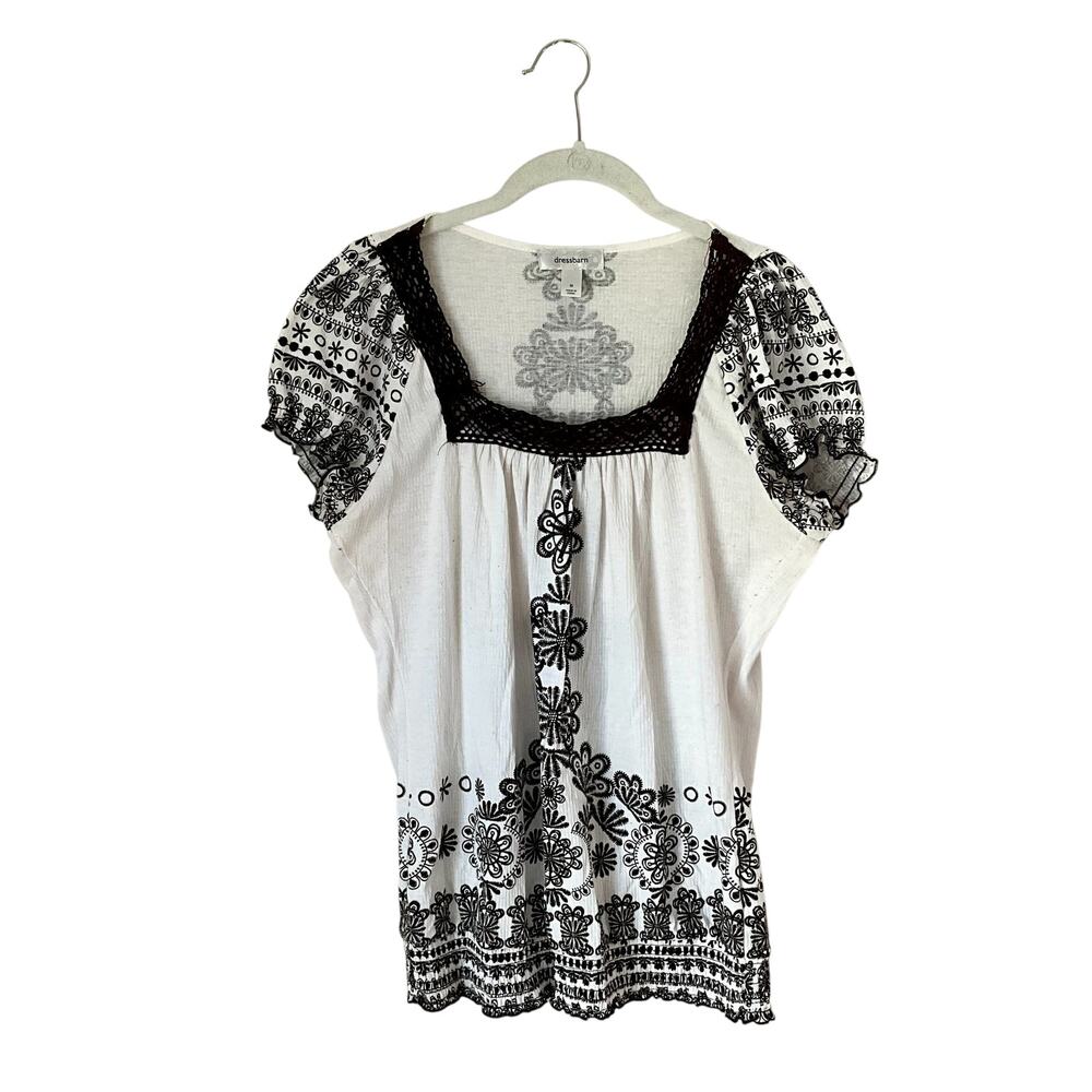 Dressbarn Brown and White Boho Blouse: Y2K, Modern